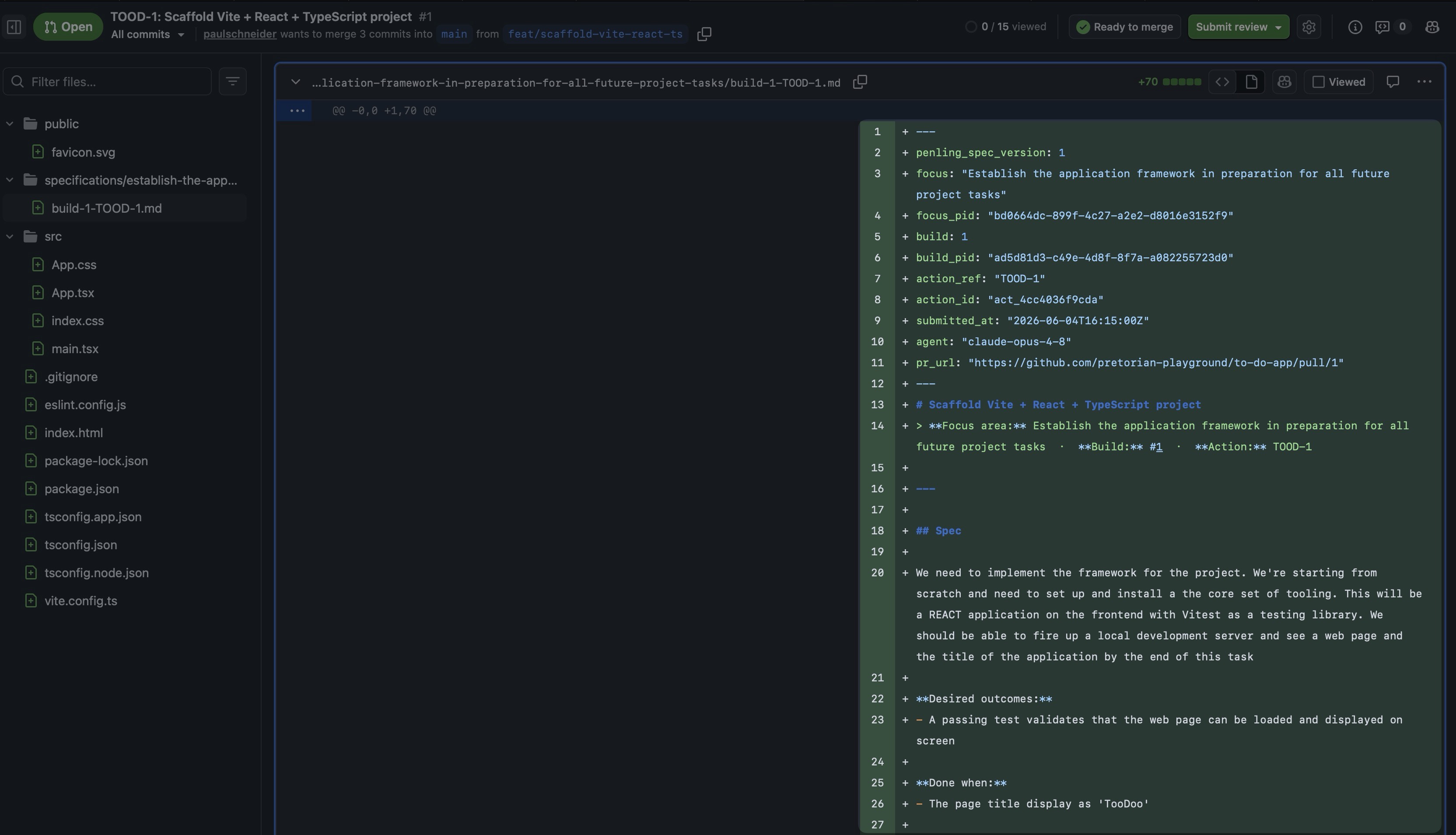 Penling pull request — acceptance criteria met, tests passing, spec attached