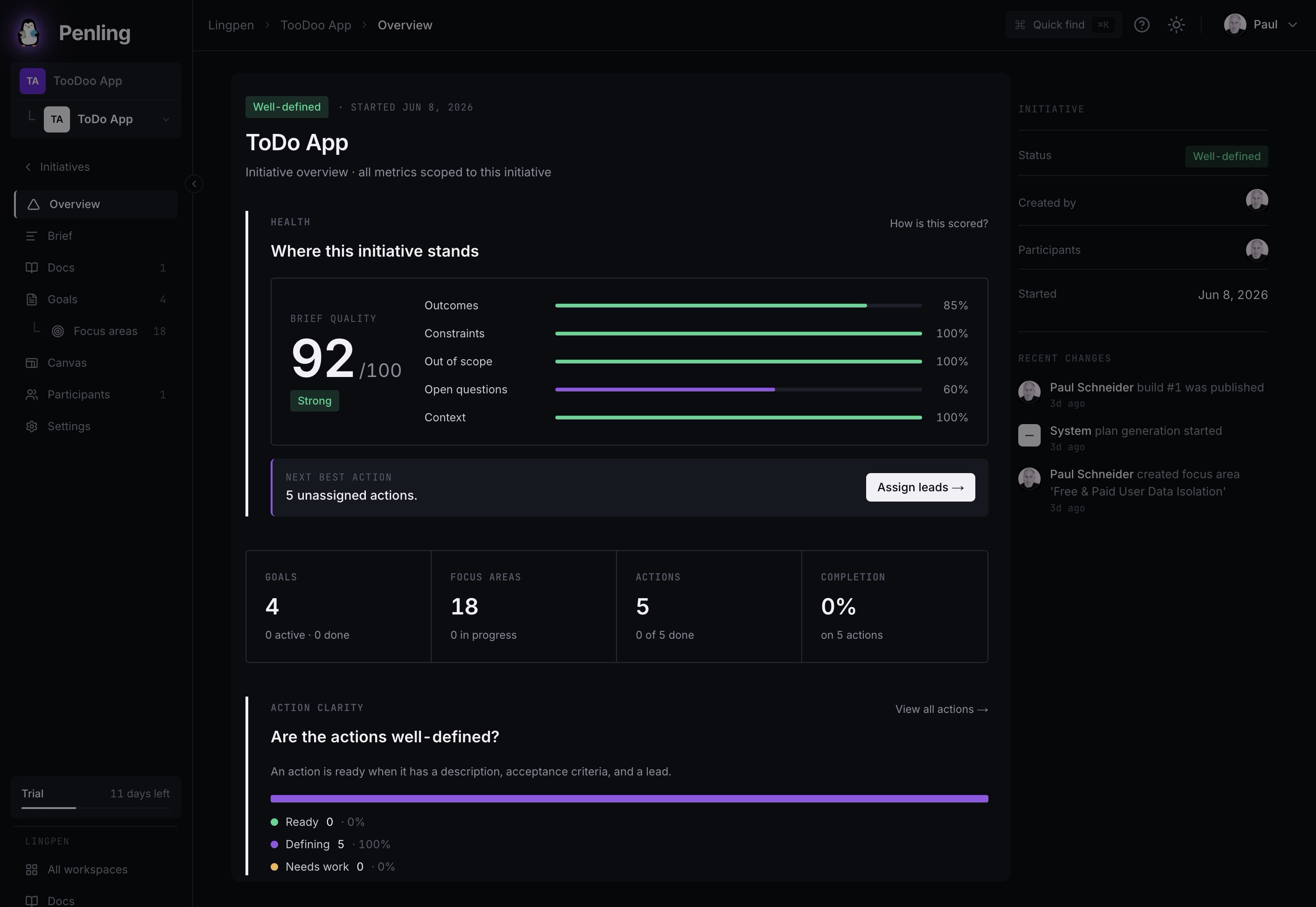 Penling project overview — health, progress and next steps at a glance